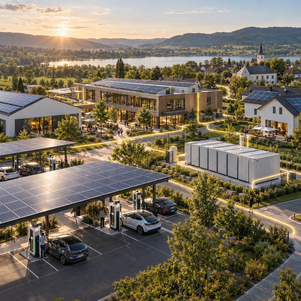 Écosystème énergétique local avec panneaux photovoltaïques, stockage BESS et bornes de recharge